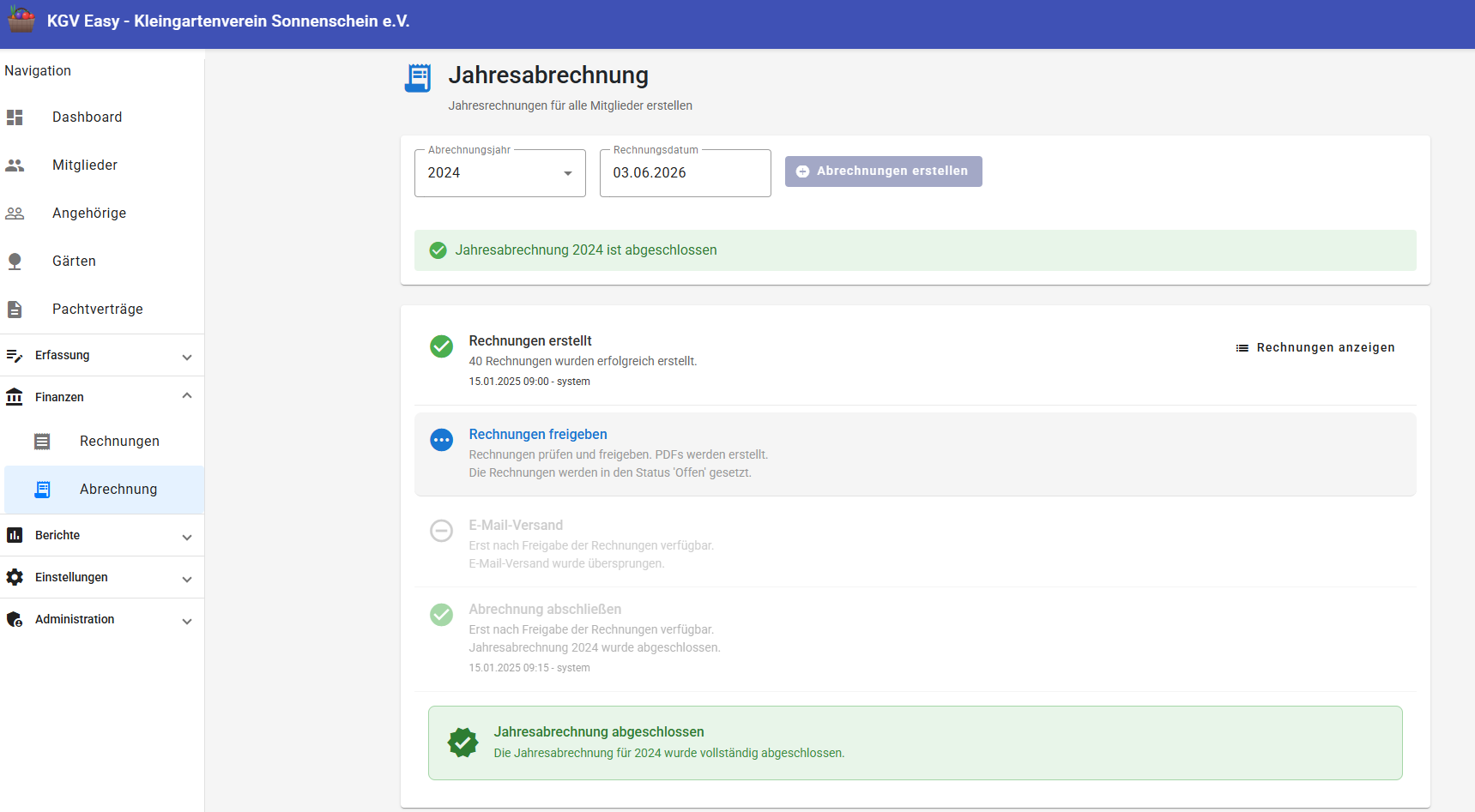 Jahresabrechnungs-Lauf mit Positionen und Versand-Status