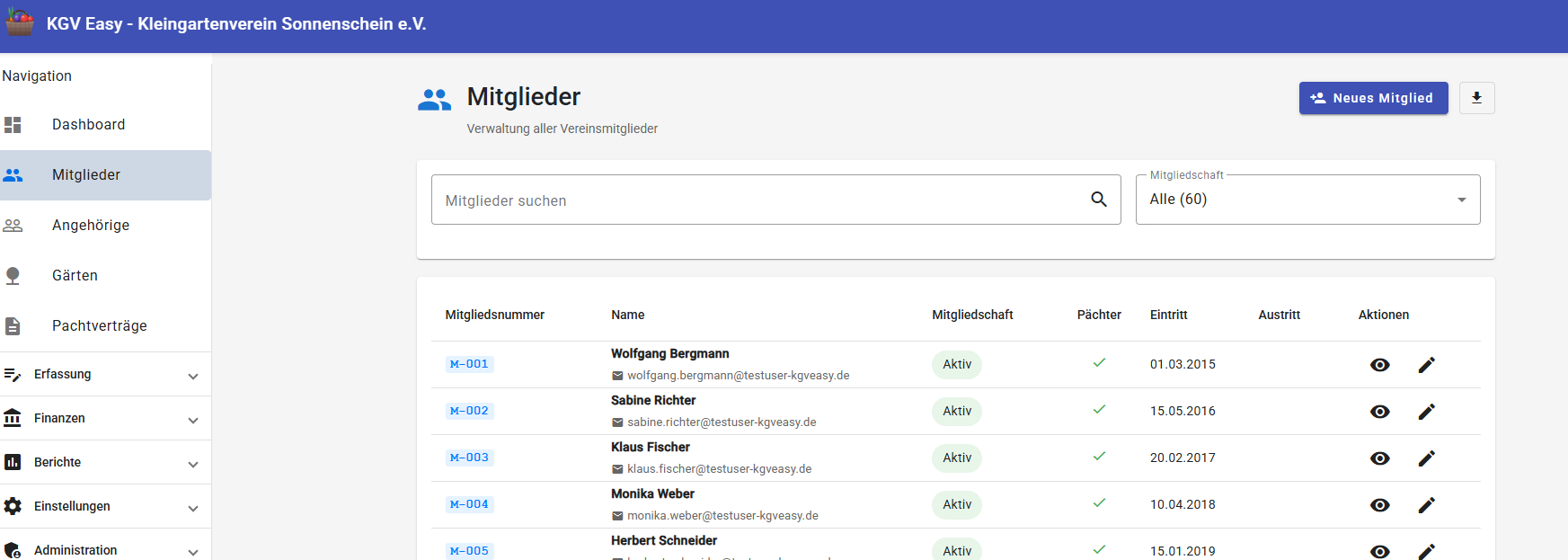 Mitgliederliste mit Stammdaten, Funktionen und Pflichtstunden